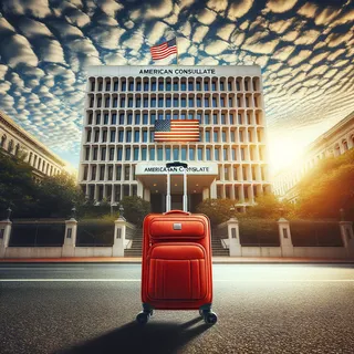 Фотография красного туристического чемодана на колесиках перед консульством США, облака на фоне, кинематографический стиль