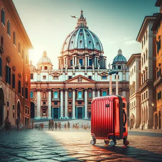 Кинематографический стиль, красный туристический чемодан на колесиках на фоне исторических зданий Италии