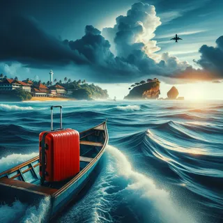 Фотография катера в открытом океане с прибрежным пейзажем Шри-Ланки и красным туристическим чемоданом на переднем плане, в киношном стиле