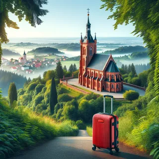 Церковь Марии на горе, окруженная зелеными деревьями, с видом на город и красным туристическим чемоданом на колесиках на переднем плане