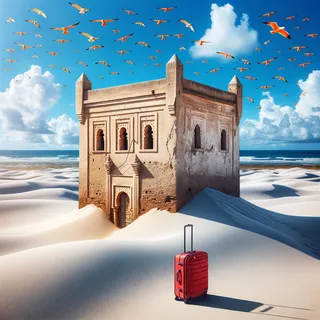 Фотография зарывающегося в белый песок невысокого здания в Рабате на фоне яркого голубого неба с оранжевыми птицами в дали, у здания красный туристический чемодан на колесиках