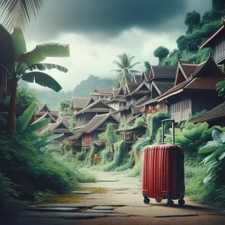 Кинематографический стиль, красный туристический чемодан на колесиках в тропической азиатской деревне среди зелени и старинных домов, пасмурное небо, реалистичная текстура