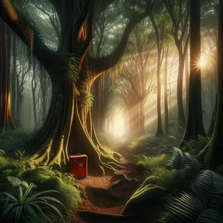 Утренний свет, пронзающий густой лес, красный чемодан стоит у подножия старинного дерева, в окружении густой зелени