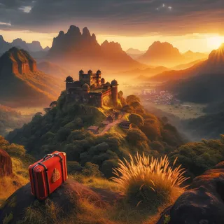 Форт Харихар в окружении гор и джунглей на закате с красным туристическим чемоданом на переднем плане