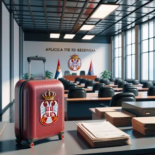 Максимально реальная картинка сербского официального учреждения для подач на ВНЖ, строгая обстановка, на переднем плане красный туристический чемодан