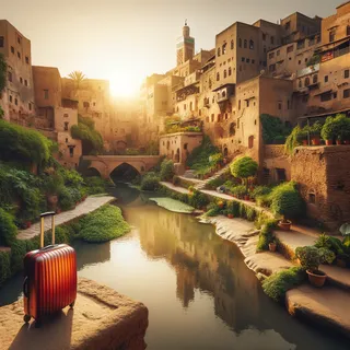 Пейзаж медины с древними зданиями, окружёнными пышными садами, красный туристический чемодан на колесиках стоит на мостике через каменный канал, лучи заходящего солнца играют на его поверхности, отражая разнообразные оттенки