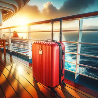 Красочный красный туристический чемодан на колесиках стоит на палубе круизного судна, с видом на море и закат