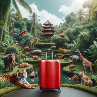 Тропический зоопарк на Бали с экзотическими животными, окруженный зеленью, и яркий красный чемодан на переднем плане
