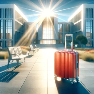 Кинематографическое изображение современного кампуса с красным туристическим чемоданом на колесиках перед входом, в ярком солнечном свете, без людей