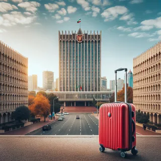 Красивый городской пейзаж в фоновом режиме, с ярким красным чемоданом на колесиках перед зданием посольства